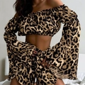 Zomerse tweedelige set met luipaardprint, off-shoulder top en bijpassende short - S / Luipaardprint