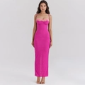Sexy rose red long camisole dress with lace trim and slim fit silhouette for women - S / Rose Red