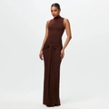 Sleeveless high neck maxi dress in dark brown knit with waist twist and draped details - S / Coffee