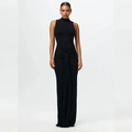 Detail of the elegant waist knot and pleated texture on this black sleeveless maxi dress - S / Black
