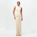 Detail of waist tie-dye twist and elegant draping on sleeveless beige maxi dress - S / White