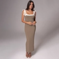 Sleeveless slim fit maxi dress in taupe with white bow shoulder straps for women - S / Brown
