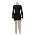 Detail of black knit mini dress showing white ruffle lace trim on cuffs and hemline - S / Black