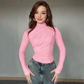Slim fit pink turtleneck top with asymmetric pleated front and long sleeves for women - S / Pink
