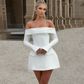 Detail of white off-the-shoulder A-line mini dress with long sleeves and flap pockets - XL / White