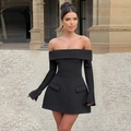 Elegant black off-shoulder long sleeve mini dress with side pockets and slit cuffs - XL / Black
