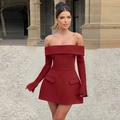 Detail view of burgundy off-shoulder dress featuring symmetrical decorative flap pockets - XL / Burgundy