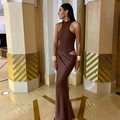 Detail of coffee brown dress featuring waist cut-out and satin texture contrast - XS / Coffee