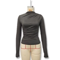 Detail of slim fit dark grey long sleeve top with stylish pleated turtleneck design - Black