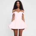 Elegante minivestido rosa claro con hombros descubiertos y escote corazón con falda plisada - S / Rosa