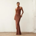 Slim fit halter neck bodycon dress in dark brown with elegant satin patchwork design - S / Yellow Brown