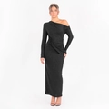 Detail eines schwarzen Off-Shoulder-Kleides mit schimmerndem Glitzerstoff und langen Ärmeln - S / Schwarz