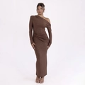 Elegantes, tiefbraunes, gerafftes Off-Shoulder-Glitzer-Maxikleid mit langen Ärmeln für Damen - S / Braun