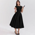 Elegante abito midi nero senza maniche con schiena scoperta e silhouette a linea A - S / Nero