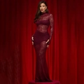 Sexy burgundy sheer lace maxi dress with long sleeves and hollow-out floral pattern - S / Burgundy