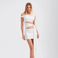 White asymmetric cut-out mini dress with side ribbons and slim bodycon fit - S / White