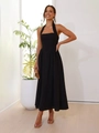 Detail of elegant black halter dress featuring a square neck and cinched waistline - S / Black