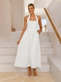 Detail of white square neck halter midi dress featuring a cinched waist and A-line skirt - S / White