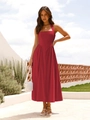 Detailed texture of red halter maxi dress with square neck and backless design - S / Red