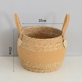 Detail of seagrass woven basket with golden threads and 25cm diameter dimension label - Small (25x23cm) / Khaki Gold Patchwork (Bellied Style)