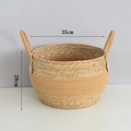 Macro shot of 35cm seagrass basket with gold thread weaving and dual handles - Large (35x28cm) / Khaki Gold Patchwork (Bellied Style)