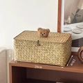Detail view of woven seagrass storage box with teddy bear decor and 29x19x12cm dimensions - Rectangular Large (Coffee Bear)