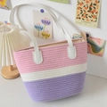 Bolso tote de algodón tejido tricolor con rayas rosas blancas y moradas para playa de verano - Estilo de cremallera / Rosa Blanco Y Púrpura