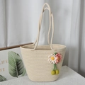 Creamy white hand-woven straw tote bag with 3D crochet flowers and shoulder straps - Off-white with Pink Flowers