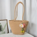 Beige woven tote bag with pink 3D floral decorations and long shoulder handles - Khaki with Pink Flowers
