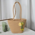 Khaki woven tote bag with green floral accents and tassels for summer vacations - Khaki with Green Flowers