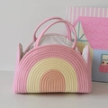 Pink and yellow rainbow cotton rope diaper basket with double handles and fabric lining - Three-Color Orange Pink
