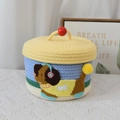 Cesto portaoggetti in corda di cotone con motivo a cane, coperchio giallo e righe blu - Scatola Cucciolo Gialla - Coperchio Giallo Chiaro