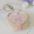 Borsa tote in paglia beige con ricamo floreale rosa e nappina, borsa da spiaggia casual - Larghezza Superiore 24 Altezza 16 / Borsa Patta Beige-Stile Cinese Bottone Rosa Nappa