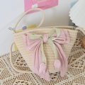 Borsa a secchiello in paglia intrecciata bianco crema con grande fiocco di seta rosa e tulipano - Fiocco Tulipano Rosa / Beige