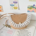 Borsa a tracolla in paglia intrecciata con pizzo bianco e decorazione di perle - Stile Pizzo Fibbia Perla Cachi