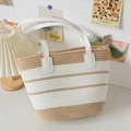 Bolso tote grande trenzado con rayas blancas y caqui con asas dobles de cuero - Estilo de cremallera / Blanco Y Caqui Claro