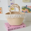Beige woven cotton rope handbag with white lace trim and round dual handles - Beige Twist Handle Style
