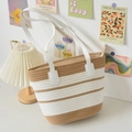 Large woven tote bag with white and brown stripes and long leather shoulder straps - Zipper Style / White & Khaki Patchwork