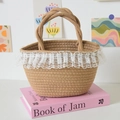 Khaki woven bucket bag with elegant white lace trim and sturdy top handles - Khaki Twist Handle Style