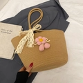 Khaki woven straw tote bag with pink crochet flowers and white lace bow detail - Khaki With Pink Flower And Ribbon