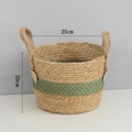 Cesto portaoggetti in paglia intrecciata a mano bicolore naturale e verde con manici, 25x20cm - 直筒款拼绿小号