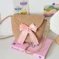Straw woven crossbody bucket bag featuring a large pink satin and lace bow - Khaki - Pink Bow