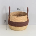 Handwoven seagrass plant basket with dark brown handles and a central decorative band - Small (25x23cm) / Dark Coffee Patchwork (Bellied Style)