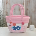 Pink and white woven cotton rope tote bag featuring a cute 3D cartoon dog patch - 31*18 / Marshmallow Pink - Pink Puppy