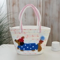 Handwoven tote bag with colorful stripes, cartoon dog decor and fluffy blue pompom charm - 31*18 / Marshmallow Multi-color - Blue Puppy