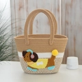 Cartoon dog knit tote bag featuring khaki white three-tone color block and woven handles - 31*18 / Marshmallow Brown - Yellow Puppy