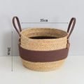 Two-tone woven seagrass plant basket with brown handles, 35cm diameter and 28cm height - Large (35x28cm) / Dark Coffee Patchwork (Bellied Style)