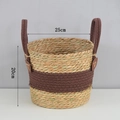 Cesto per piante in paglia intrecciata a mano in beige e verde acqua con manici, diametro 25cm - 直筒款拼深咖小号