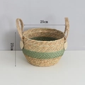 Handwoven seagrass plant basket with grey-green decorative stripe and sturdy rope handles - Small (25x23cm) / Green Patchwork (Bellied Style)