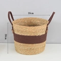 Handwoven straw storage basket with brown trim and handles, size 35cm x 30cm - 直筒款拼深咖大号